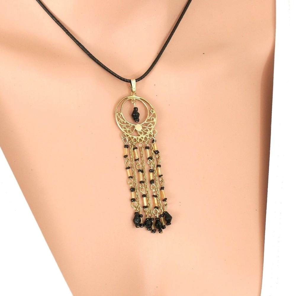 Gold Dreamcatcher Tassel Necklace‎ Black Beaded Filigree Pendant Boho Cord 18in
